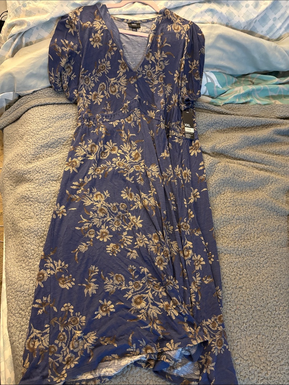 bebe Blue Maxi Wrap Dress with Gold Floral Print